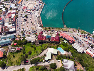 High Aerial  view of homes and buildings  in the Caribbean island of french St martin. 