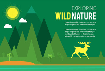 Wild nature design template. Deer in forest with mountain, sun and clouds. Eco save simple design template