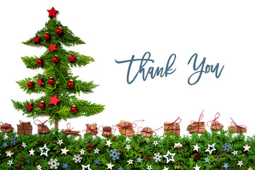 Christmas Tree With English Text Thank You. Christmas Tree Is Made Of Fir Branch. Christmas Decoration Like Red Balls And Blue Stars With Presents And Gifts. White Isolated Backround