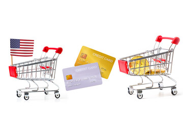 mock-up demo credit card  with shopping cart on white background.