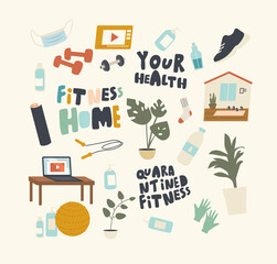 Set of Vector Icons Fitness on Quarantine Theme. Home Sport Exercising, Workout during Covid Isolation and Lockdown