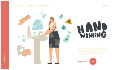 Coronavirus Protection Landing Page Template. Woman Character Washing Hands in Bathroom with Antibacterial Disinfectant