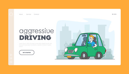 Situation on Road, Driver Aggression Landing Page Template. Car Accident or Conflict on Highway, Male Character Arguing