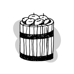 Wooden bucket with apples. Graphic drawing on a white background. Vector.