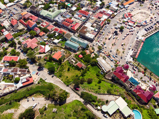 High Aerial  view of homes and buildings  in the Caribbean island of french St martin. 