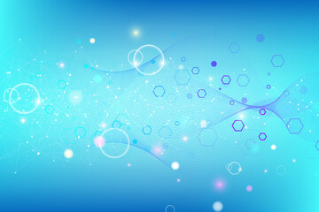 Scientific molecule background with flow waves for medicine, science, technology, chemistry. Wallpaper or banner with a DNA molecules. Geometric dynamic linear waves illustration.