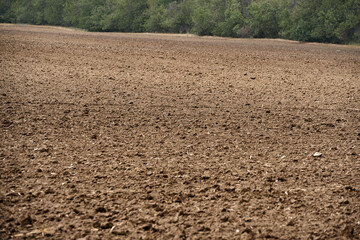 plowed field and blue sky, soil and clouds of a bright sunny day - concept of agriculture