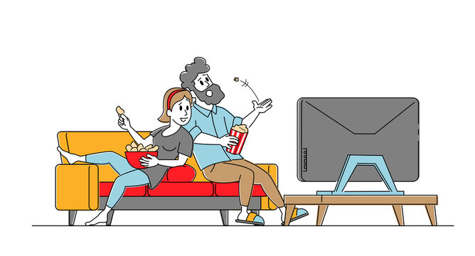 Young Loving Couple Watching TV with Popcorn at Home. Male, Female Characters Sitting on Couch Together in Lazy Weekend