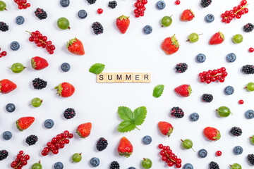 Strawberry, blueberry, blackberry, gooseberry, red currant on white background, top view. Berries pattern, flat lay. Frame made of fresh berry on white background. Creative food concept