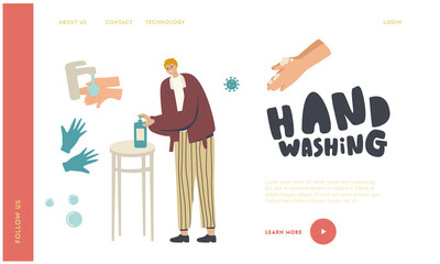 Disinfection Landing Page Template. Hygienic Measures, Coronavirus Protection. Male Character Washing Hands with Soap