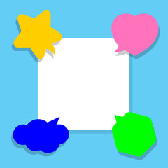 speech bubble colorful on square white for copy space text, cute speech bubble paper on empty frame for banner, square frame white space on light blue for message, dialog box for talk or thought idea