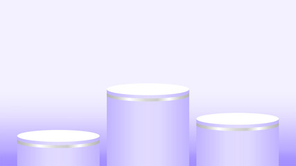 purple pedestal cylinder circle 3 steps for cosmetics showcase, podium circle stage purple pastel soft color, platform steps for advertising, podium round three layers of product display, copy space