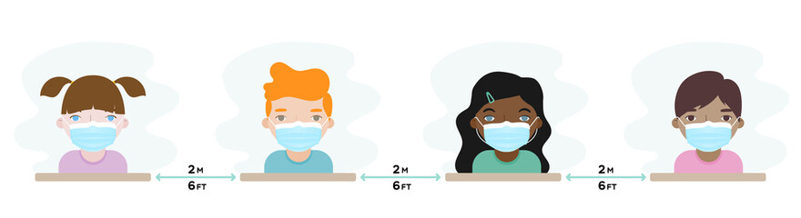 Children wearing protective mask. Physical distance between children as prevention against coronavirus. Back to school in the new normal. Vector illustration, flat design