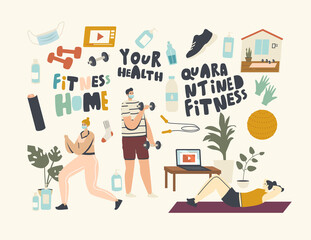 Characters Practicing Fitness at Home during Quarantine. Men and Women Doing Gymnastics Exercises for Healthy Body
