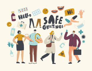 Characters Greeting Each Other Touching Elbows and Waving Hands. Friends or Colleagues Alternative Safe Noncontact Greet