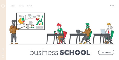 Characters on Financial Business Consulting or Board Meeting Landing Page Template. Employees Discuss Company Strategy