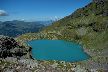 Alpiner Bergsee auf dem Pizol in der Schweiz 7.8.2020
