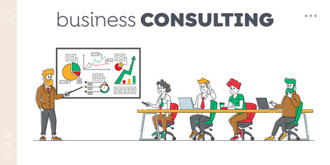 Meeting with Employees, Business Consulting Landing Page Template. Company Leader or Coach Character Pointing on Charts