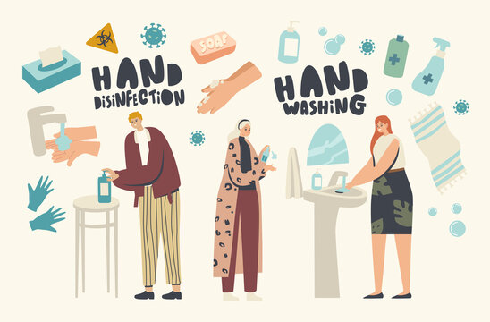Coronavirus Infection Prevention, Disinfection and Stay Home Concept. Male and Female Characters Washing Hands with Soap