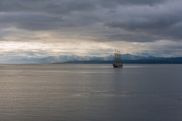 Fototapeta na wymiar Large sailing ship in the Beagle Channel near Ushuaia, Argentina