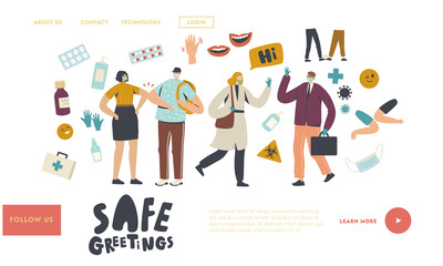 Fototapeta na wymiar Safe Noncontact Greet Landing Page Template. Friends or Colleagues Characters Alternative Greeting During Coronavirus