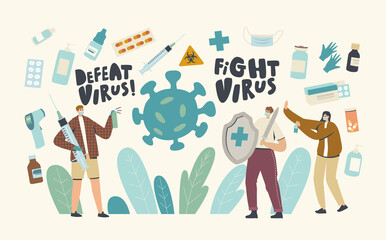 Fototapeta premium Characters Fighting with Virus. People Holding Shield and Syringe, Using Sanitizers Protecting from Contagious Infection