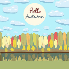 Beautiful landscape with deciduous forest and lake. Hello Autumn. Post card with text in square format in flat style