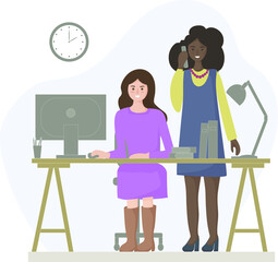  A working team of two successful women for doing business. One lady works behind a computer, the other talks on the phone. Comfortable workplace. Vector flat design. 