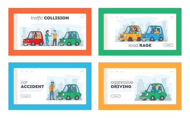 Fototapeta premium Road Aggression Landing Page Template Set. Characters Conflict, Car Accident, Drivers Arguing on Roadside at Automobiles