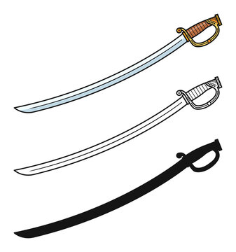 Set of simple vector images of saber swords with decorative hilts drawn in art line style. Vector illustration.