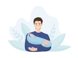 The father holds a newborn baby in his arms. Happy man. The concept of fatherhood and family values. background of leaves with nature. Vector flat design.