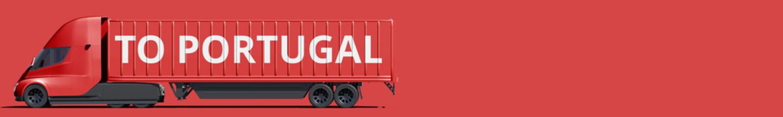 TO PORTUGAL text on the modern electric red trailer truck, 3d rendering