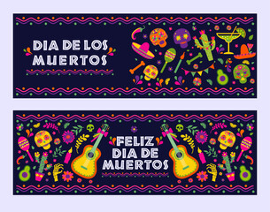 Dias de los Muertos typography banners vector. Mexico design for fiesta cards or party invitation, poster. Flowers traditional mexican frame with floral letters on dark background. - 376390374