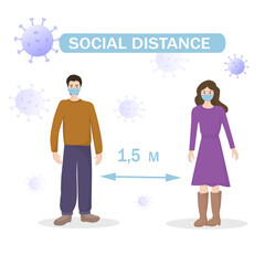 Warning about maintaining social distance during quarantine. Safety while walking. People walk in masks at a distance of 1.5 meters from each other. coronovirus epidemic