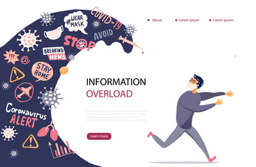 Media and social networks talk about spread of virus and disease. Covid-19 Infodemic concept. Overwhelmed person running away from the information and news stream wave pursuing him.