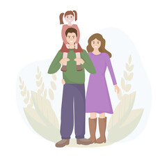 Portrait of a happy family, people smile. Daughter sits on her father's shoulders, next to her mother. On a natural background with leaves. The concept of love and family values. Vector flat design.