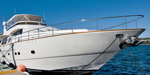 Luxury super motor yacht closeup moored at a Sydney Marina. Australia
