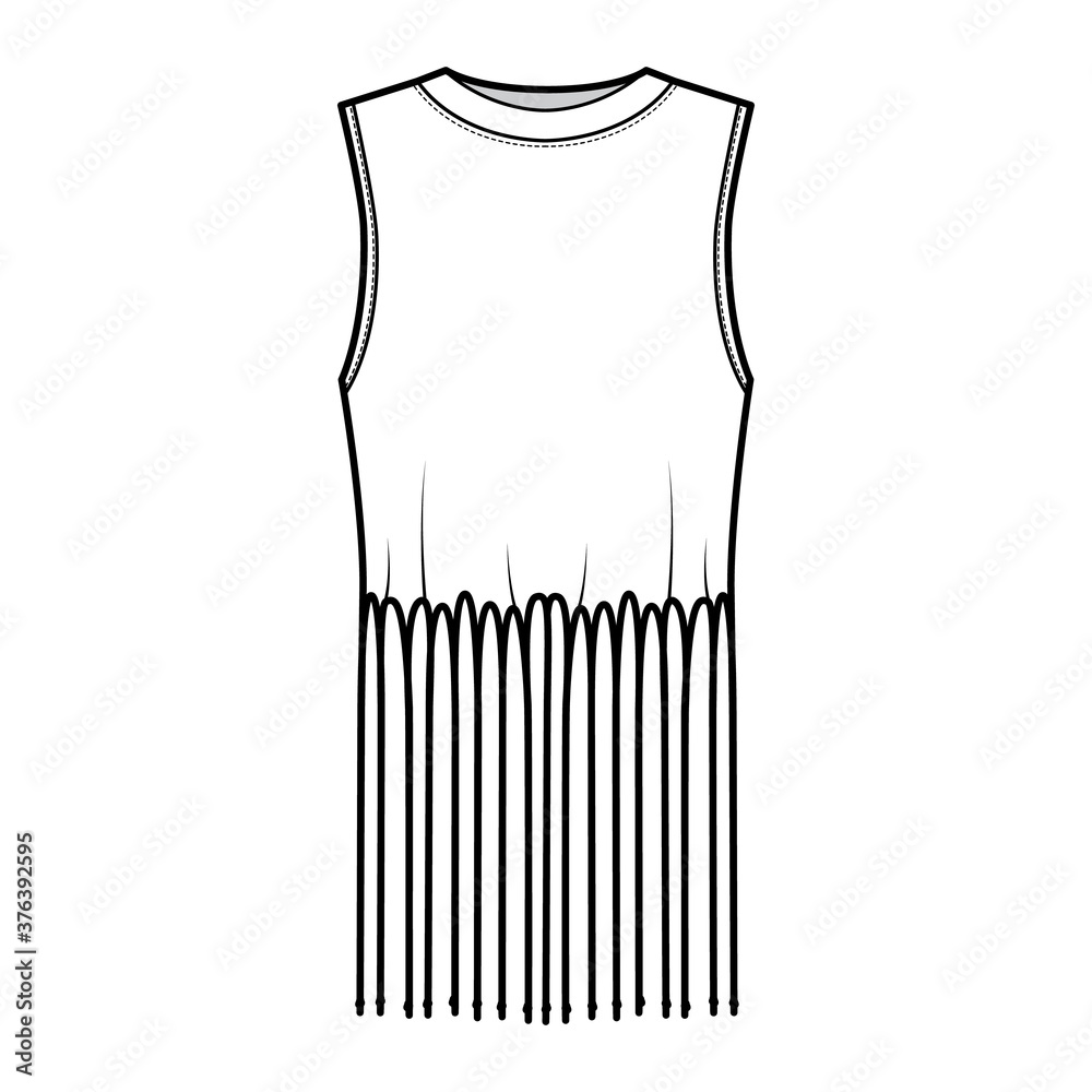 Sticker Fringed cotton-jersey top technical fashion illustration with scoop neck, sleeveless, above-the-knee length, oversized. Flat apparel template front, white color. Women, men unisex top CAD mockup