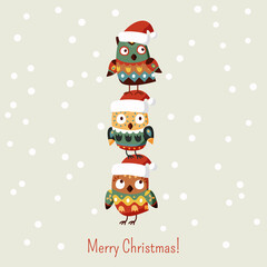 Cute Christmas birds in Santa hat greet Christmas. Cute winter owls. Vector illustration in cartoon style for postcard or congratulation