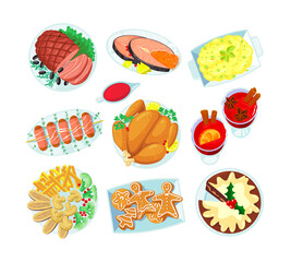 Set of Icons Christmas Dishes Mulled Wine, Fried Meat, Turkey or Chicken and Red Fish with Pie. Gingerbread Men Bakery