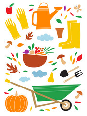 Autumn set of the kitchen garden harvest and tools