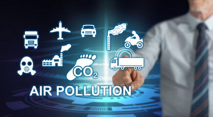 Man touching an air pollution concept