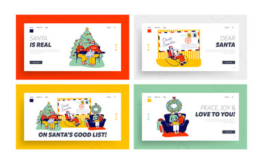 Characters Write Letter to Santa Claus Landing Page Template Set. People Ask Gift for Christmas Holidays. Festive Season