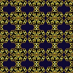 gold monochrome floral pattern on a dark blue background.
