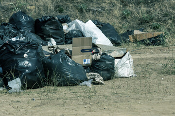 A large pile of garbage in black plastic garbage bags clogs the ecology of the city park. The ecological problem of utilization of industrial and domestic waste of a large city. Garbage in bags