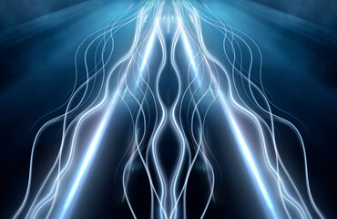 Obraz premium Abstract dark futuristic blue night background. Rays and lines, lightning, lights. Blue neon light, symmetrical reflection in water, energy. 3D illustration.