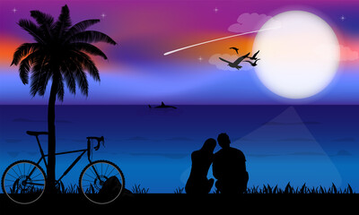 Fototapeta na wymiar Couples sitting together looking at the Moon, vector illustration graphic design