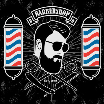 Barbershop logo, poster or banner design concept with barber pole. Vector illustration	