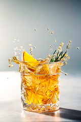 Splash with orange liquid (whisky) with rosemary and orange slice in cut crystal glass