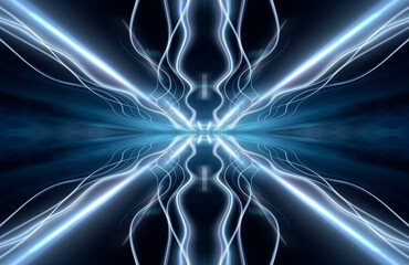 Abstract dark futuristic blue night background. Rays and lines, lightning, lights. Blue neon light, symmetrical reflection in water, energy. 3D illustration.